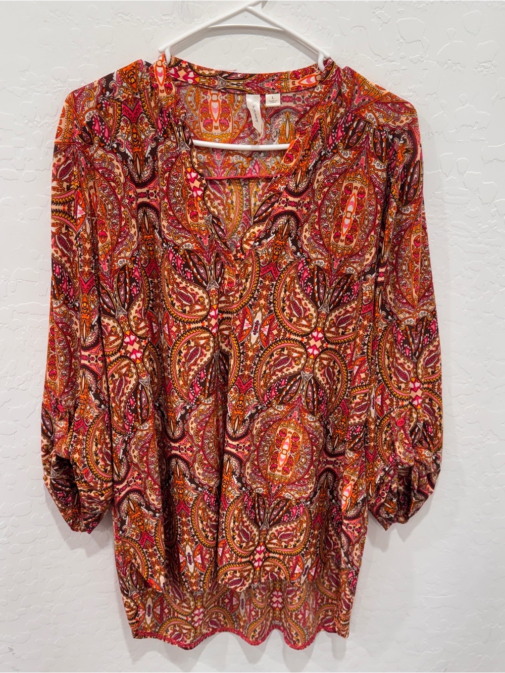 Tacera Paisley Blouse Women’s Large Pink Orange Roll Tab Sleeves Colorful Spring